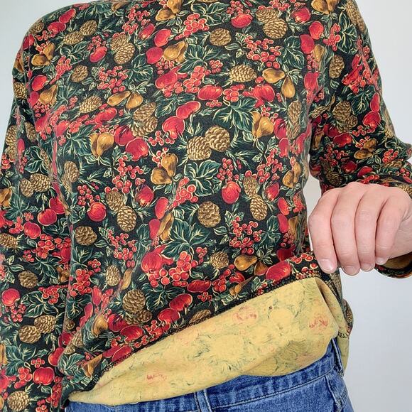 Talbots Mock Neck Turtleneck Long Sleeve Top M Pinecones Apples Pears - Picture 3 of 7